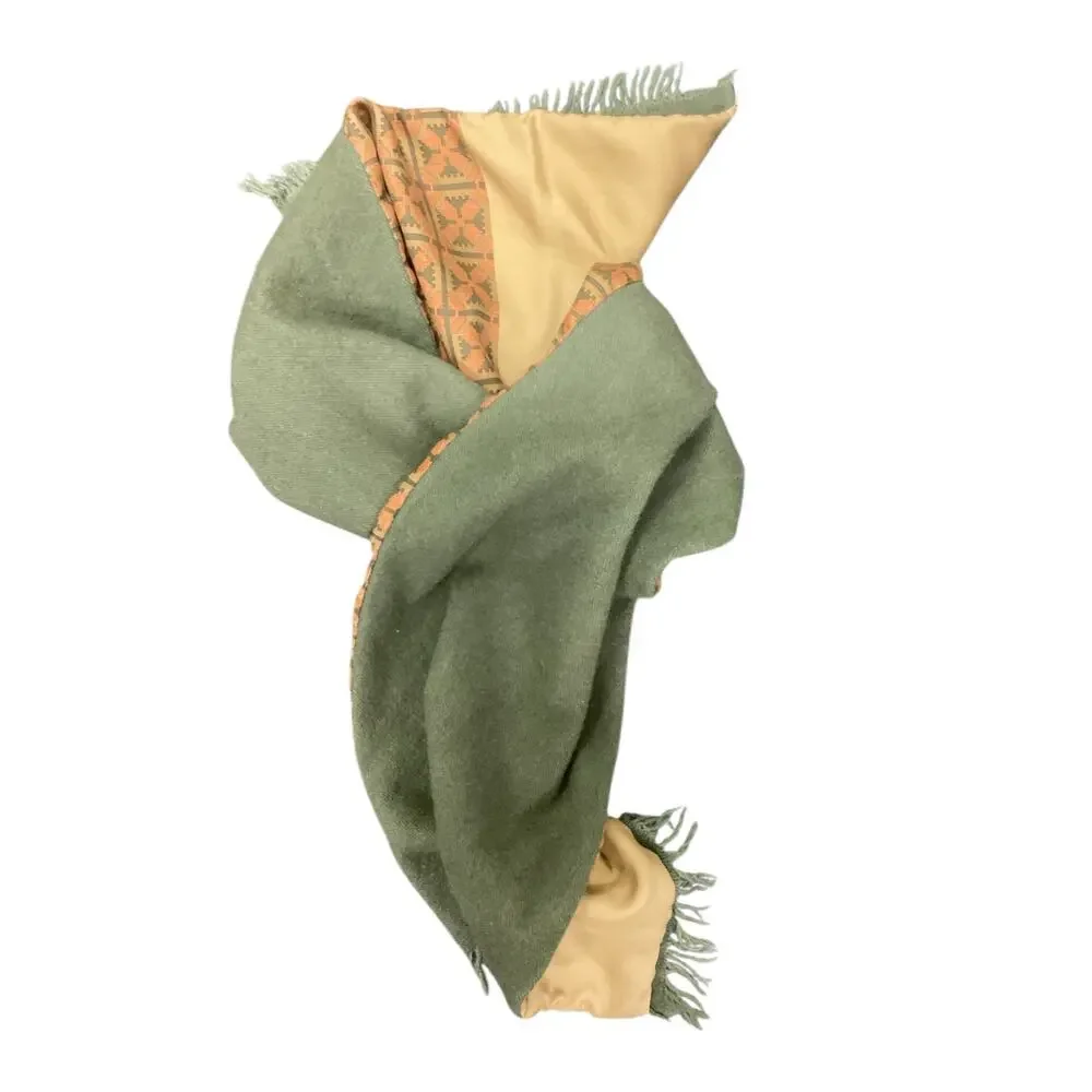VTG Hermes Scarf Unisex 1Size Rectangle 100%Silk & Cashmere Fringes Green &Brown